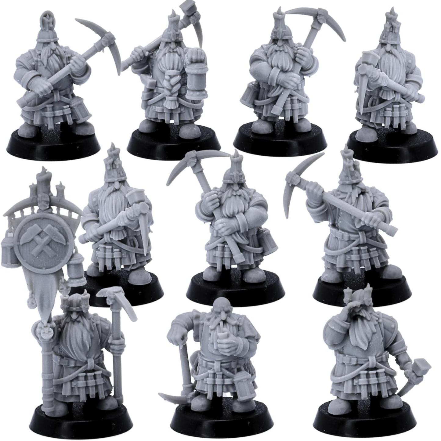 Unpainted Dwarf Miners miniatures showing ten different fantasy dwarf mining sculpts.