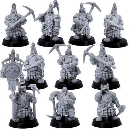 Unpainted Dwarf Miners miniatures showing ten different fantasy dwarf mining sculpts.