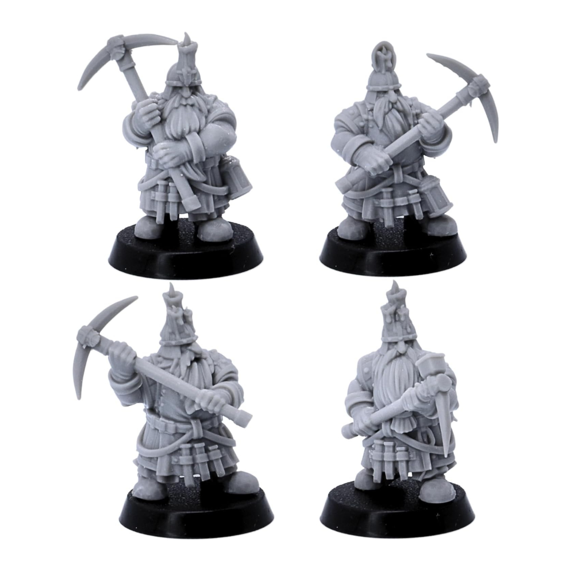 Unpainted dwarf miner miniature with pickaxe shown from multiple angles on a round base.