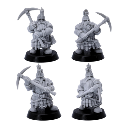 Unpainted dwarf miner miniature with pickaxe shown from multiple angles on a round base.