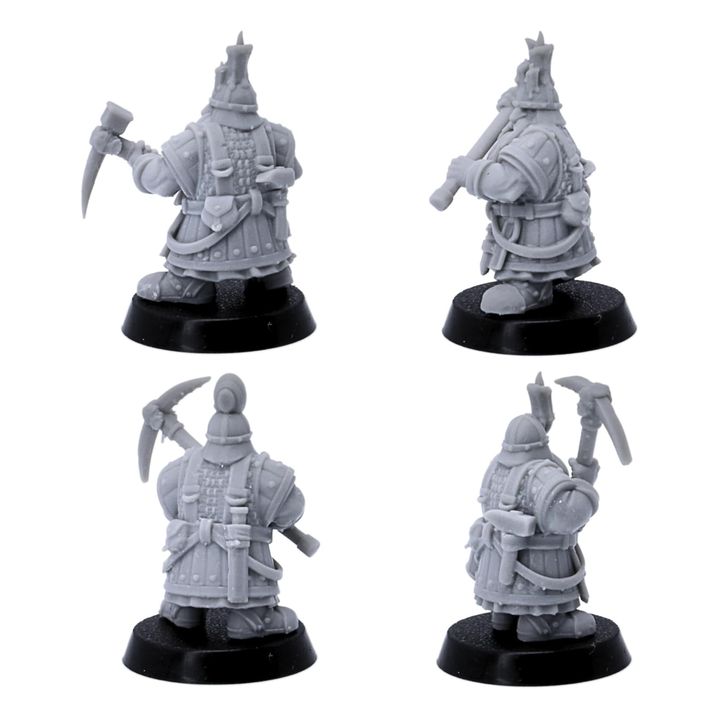 Unpainted dwarf miner miniatures with pickaxes shown in varied mining and combat poses.