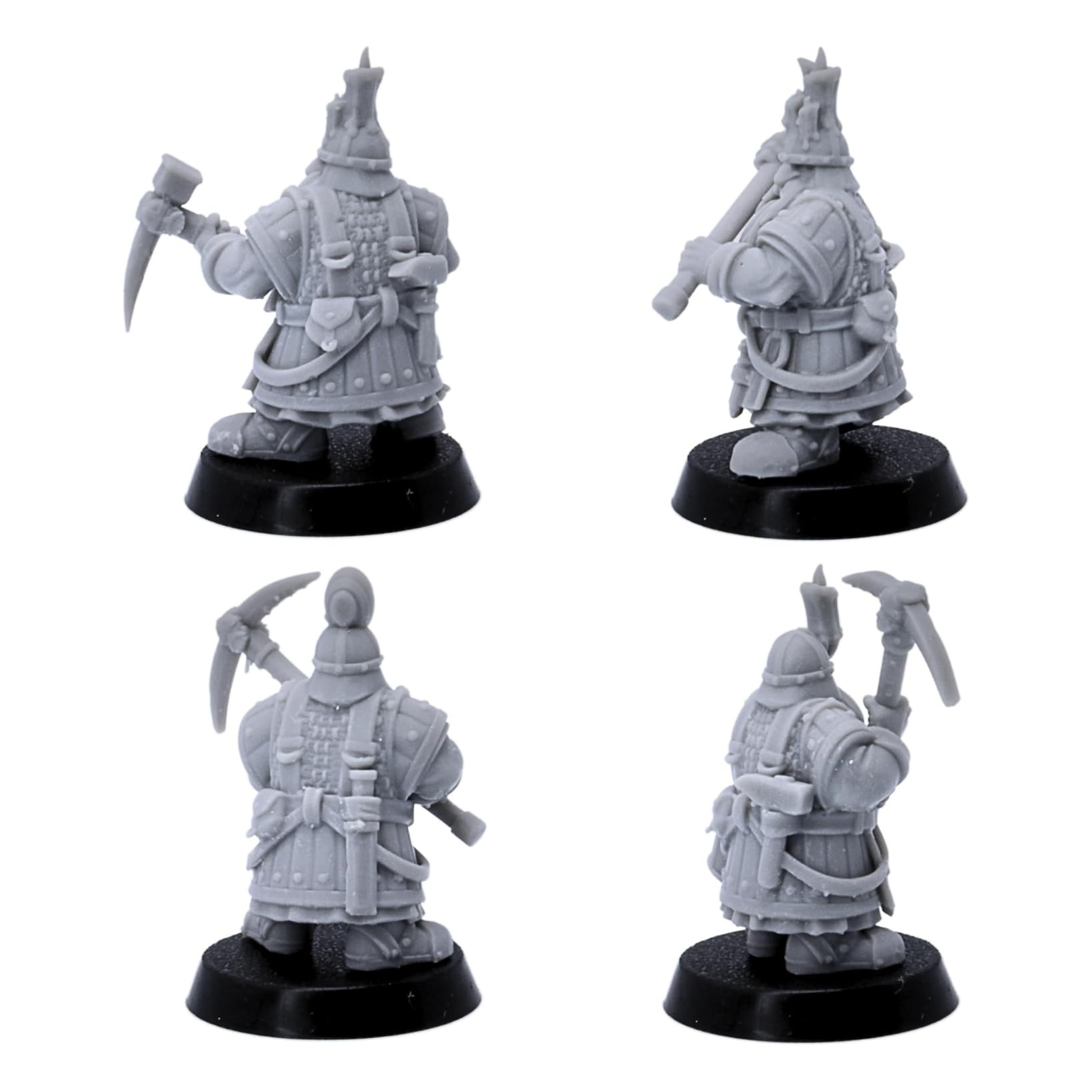 Unpainted dwarf miner miniatures with pickaxes shown in varied mining and combat poses.