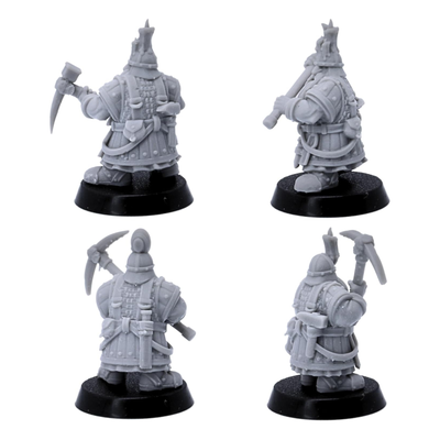 Unpainted dwarf miner miniatures with pickaxes shown in varied mining and combat poses.