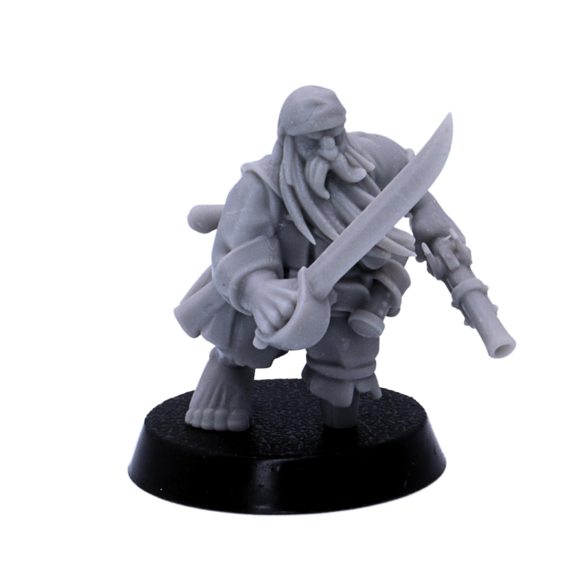 Unpainted dwarf pirate miniature holding a cutlass and pistol on a round base.