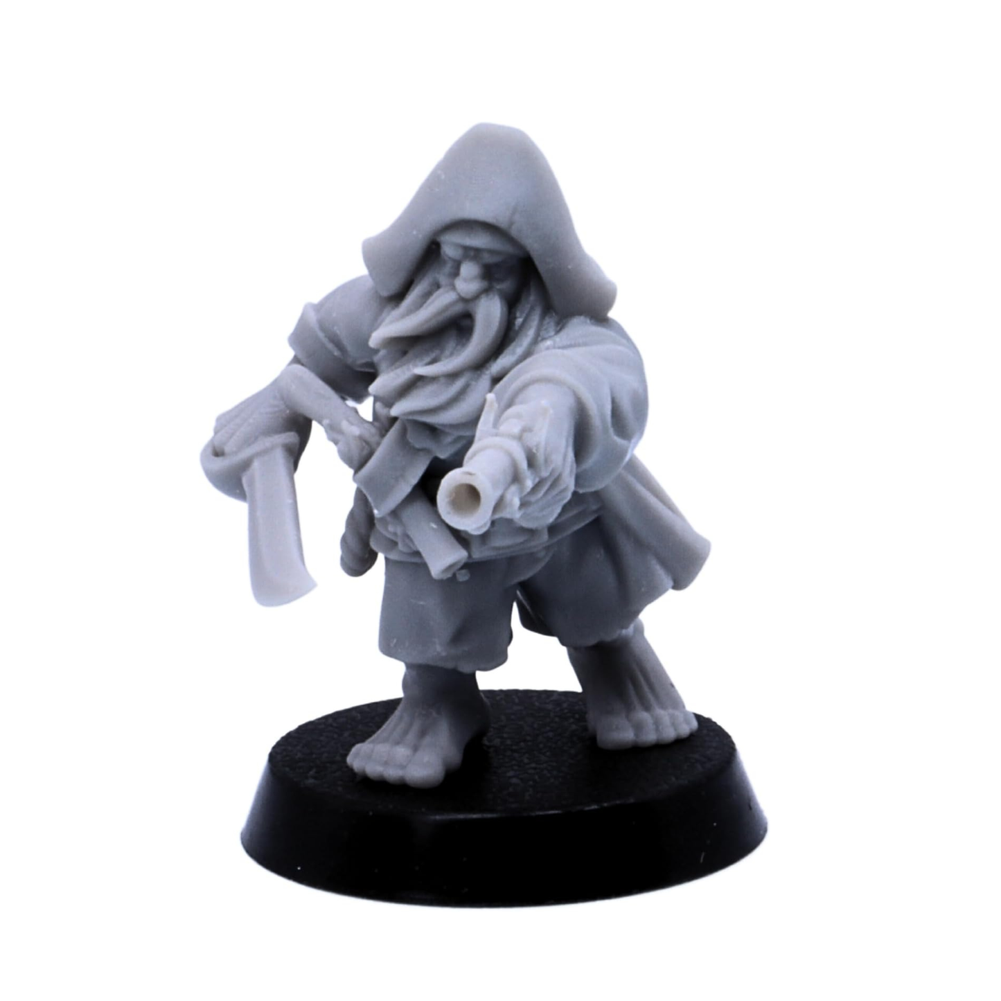 Unpainted hooded dwarf pirate miniature aiming a pistol and holding a curved axe.