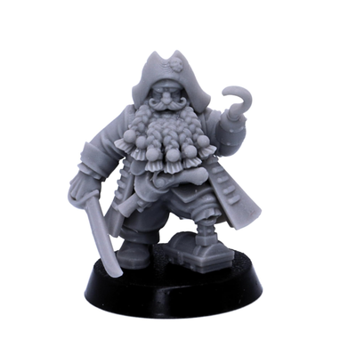 Unpainted dwarf pirate miniature with hook hand, sword, peg leg, and ornate pirate coat.