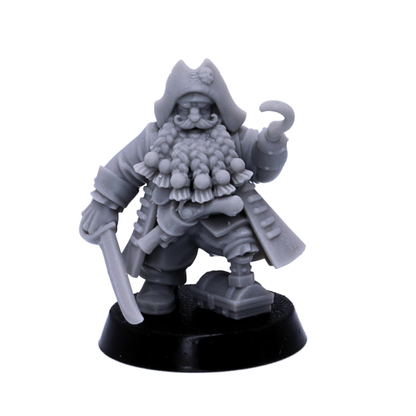 Unpainted dwarf pirate miniature with hook hand, sword, peg leg, and ornate pirate coat.