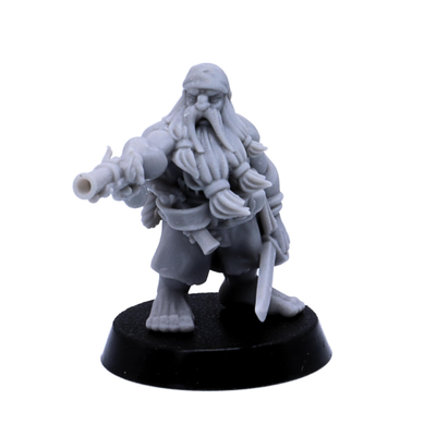 Unpainted dwarf pirate miniature with pistol, cutlass, long beard, and headscarf.
