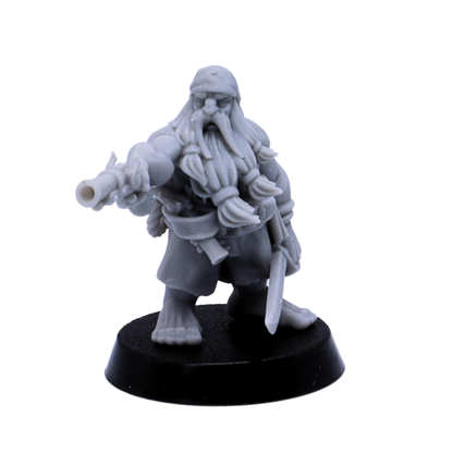 Unpainted dwarf pirate miniature with pistol, cutlass, long beard, and headscarf.
