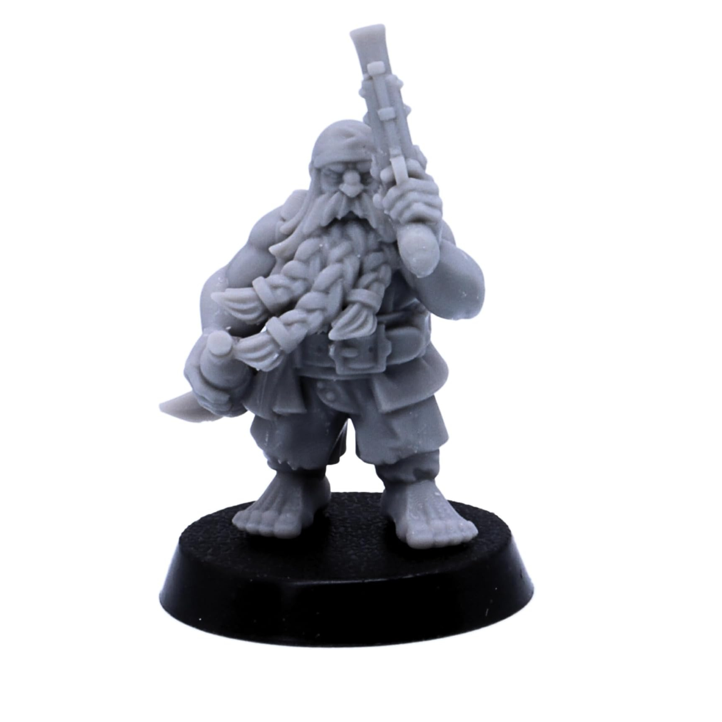 Unpainted dwarf pirate miniature holding a rifle and cutlass on a 25mm round base.