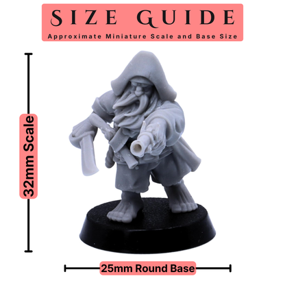 Size guide for Dwarf Pirate miniature showing 32mm scale and 25mm round base.