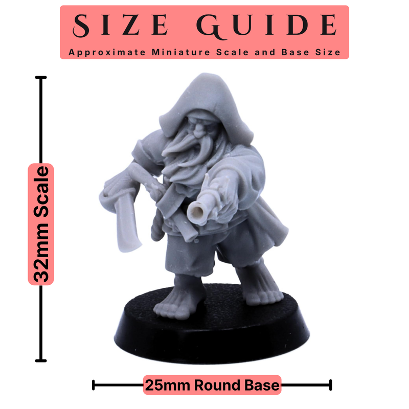 Size guide for Dwarf Pirate miniature showing 32mm scale and 25mm round base.