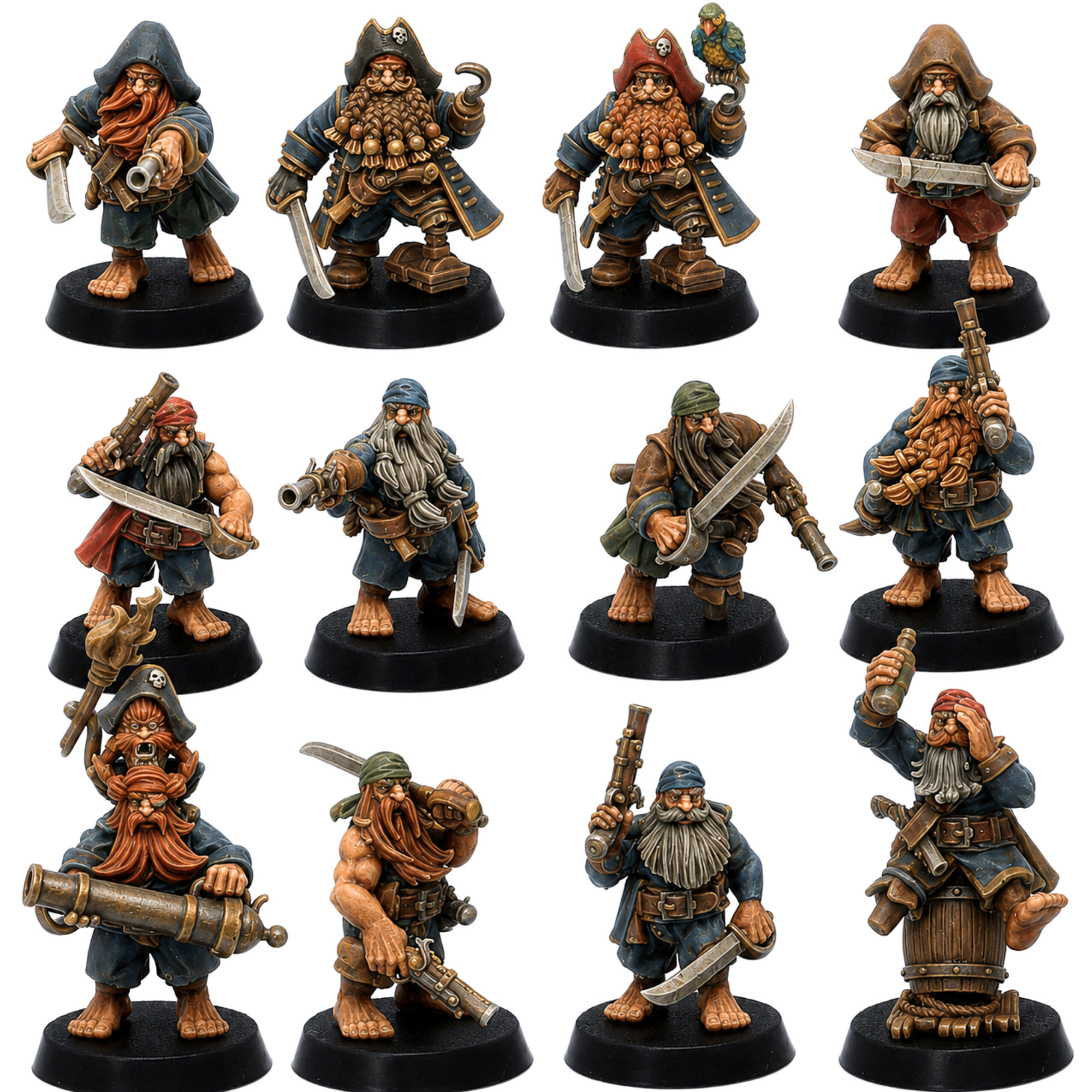 Painted Dwarf Pirates set of 12 by Highlands Miniatures showing fantasy pirate dwarf miniatures with pistols, cutlasses, cannons, and hooks.
