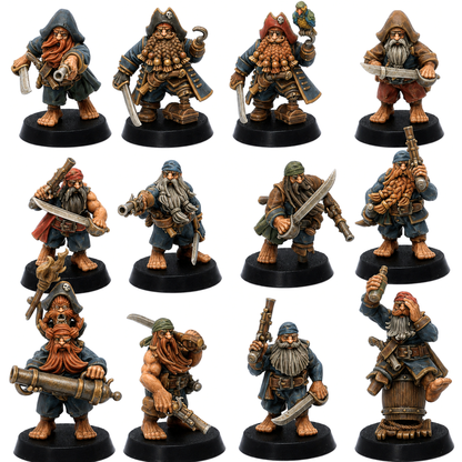 Painted Dwarf Pirates set of 12 by Highlands Miniatures showing fantasy pirate dwarf miniatures with pistols, cutlasses, cannons, and hooks.