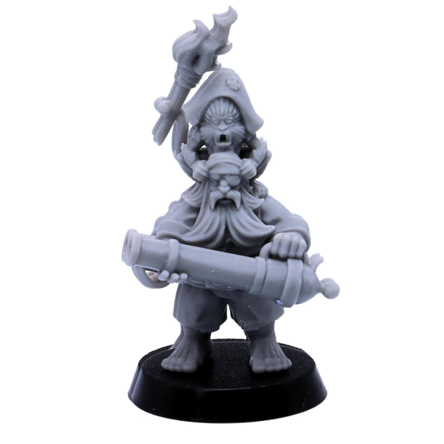 Unpainted dwarf pirate captain miniature with cannon and dramatic hat detail shown close up.