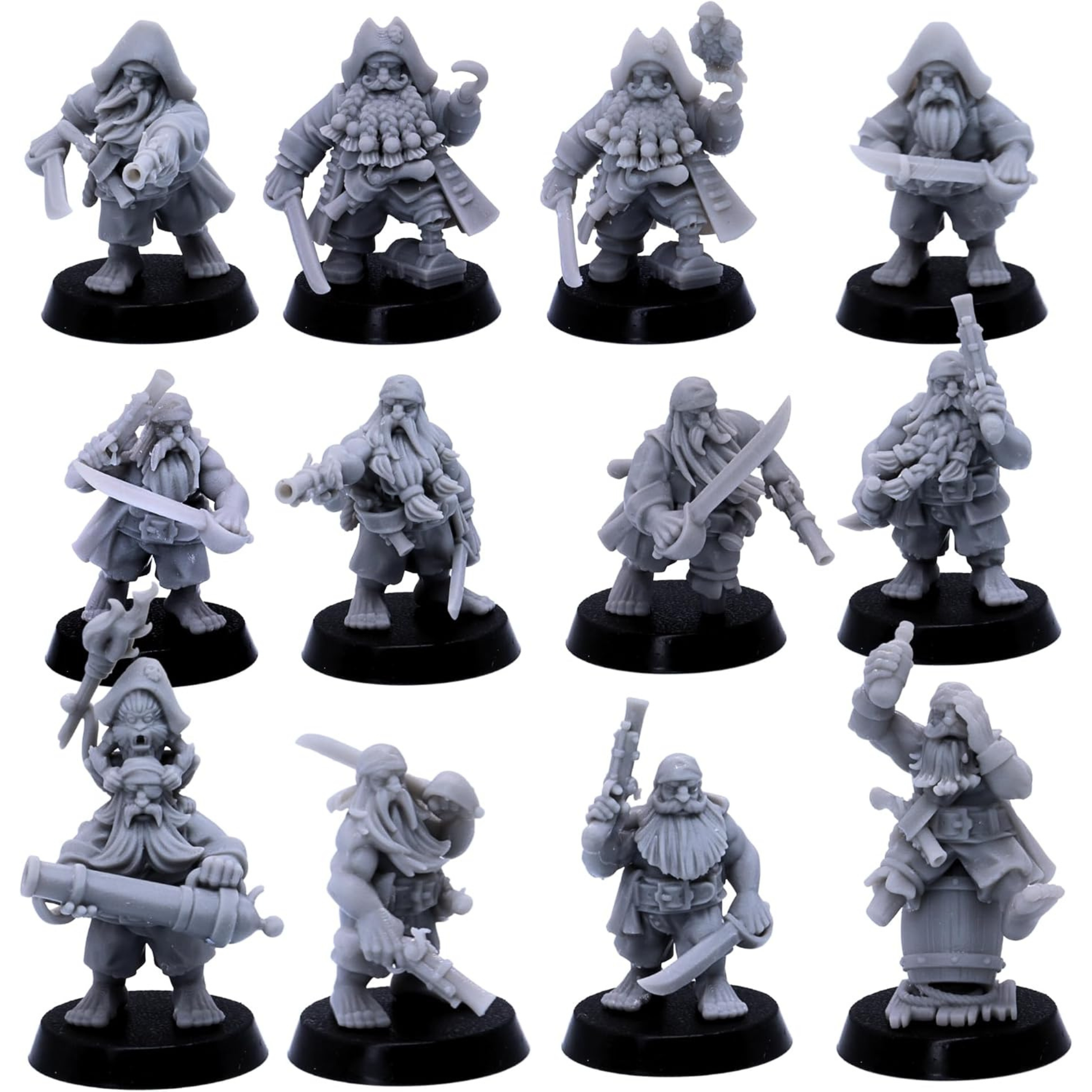 Unpainted Dwarf Pirates miniatures showing twelve different pirate dwarf sculpts with weapons and nautical details.