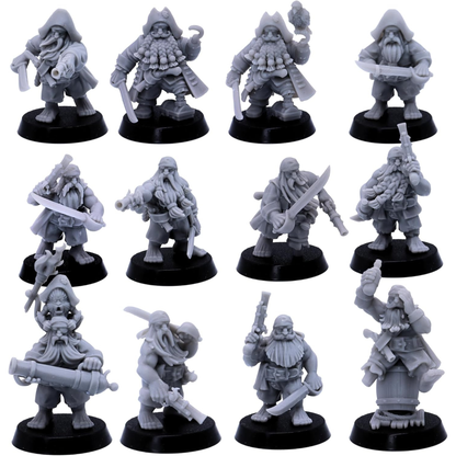 Unpainted Dwarf Pirates miniatures showing twelve different pirate dwarf sculpts with weapons and nautical details.