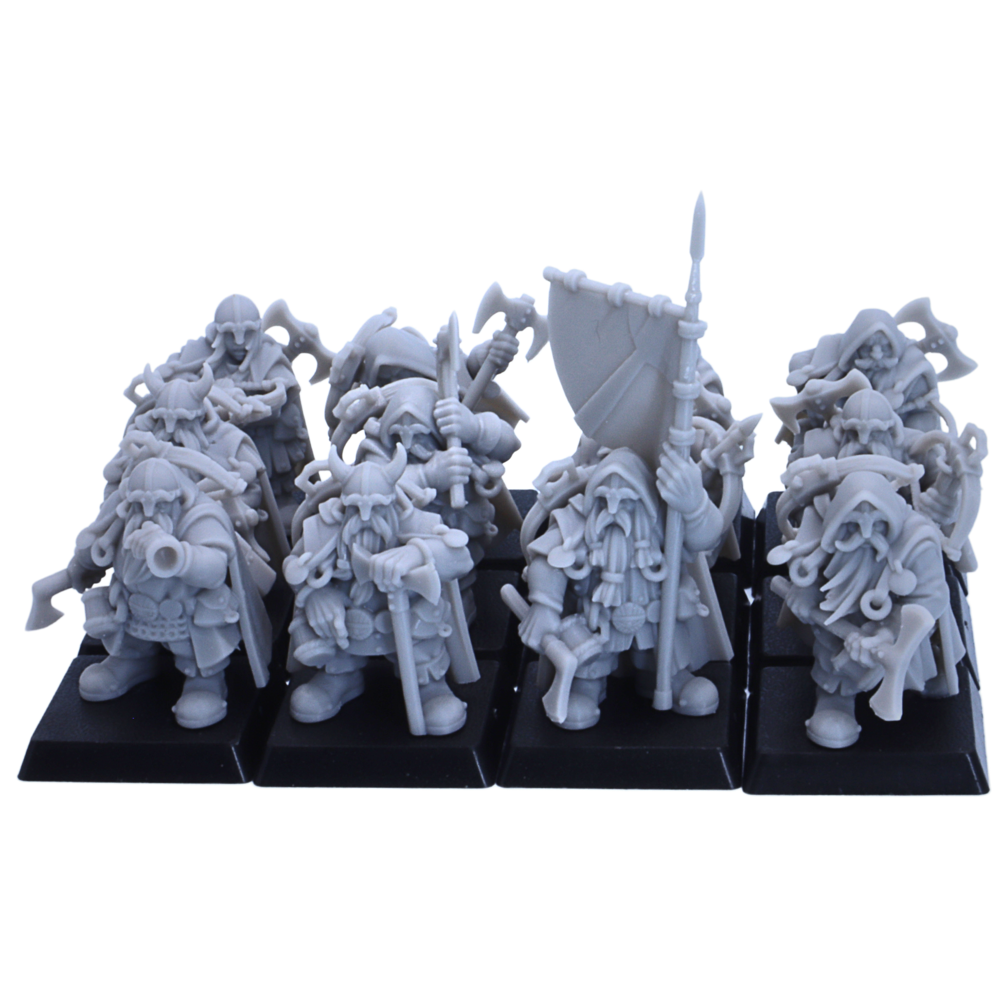 Close-up front view of unpainted Dwarf Ranger miniatures showing detailed beards, helmets, cloaks, weapons, shields, and ranger equipment.