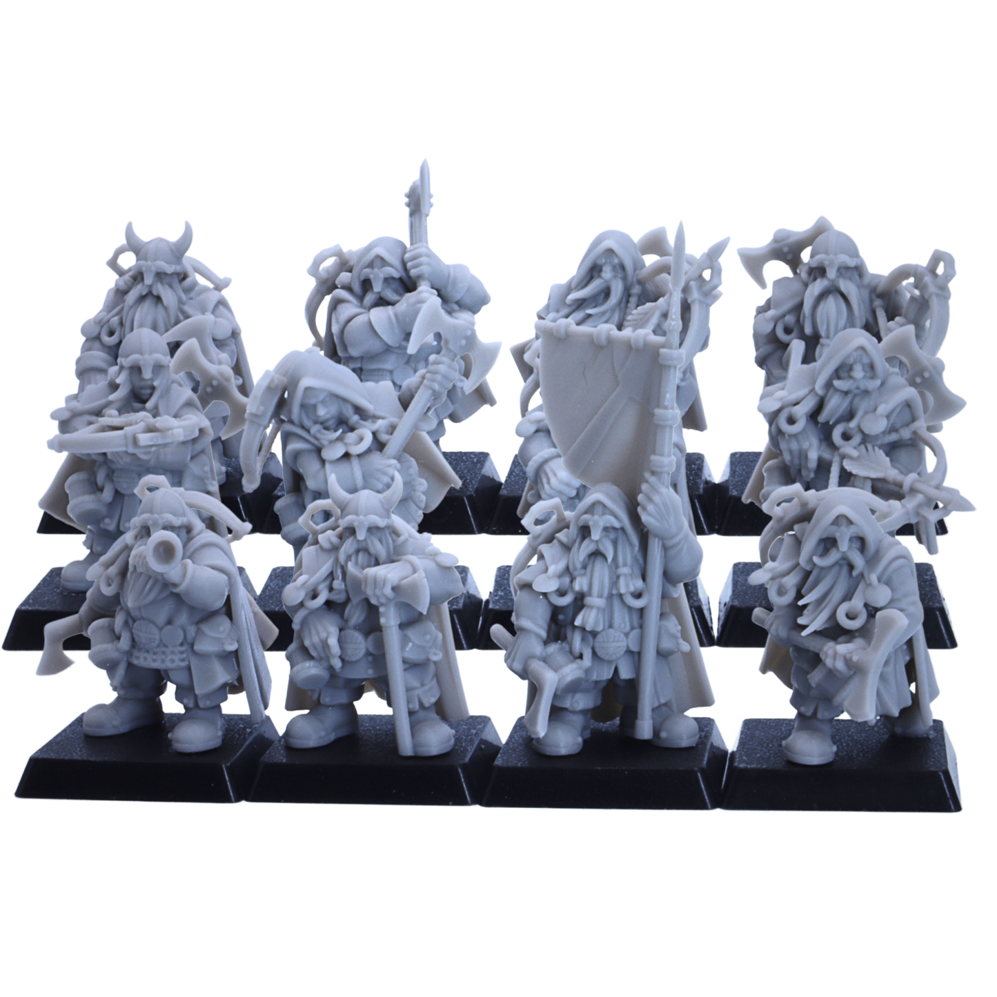 Front view of unpainted Dwarf Ranger resin miniatures by Highlands Miniatures with axes, crossbows, spears, shields, cloaks, and square bases.