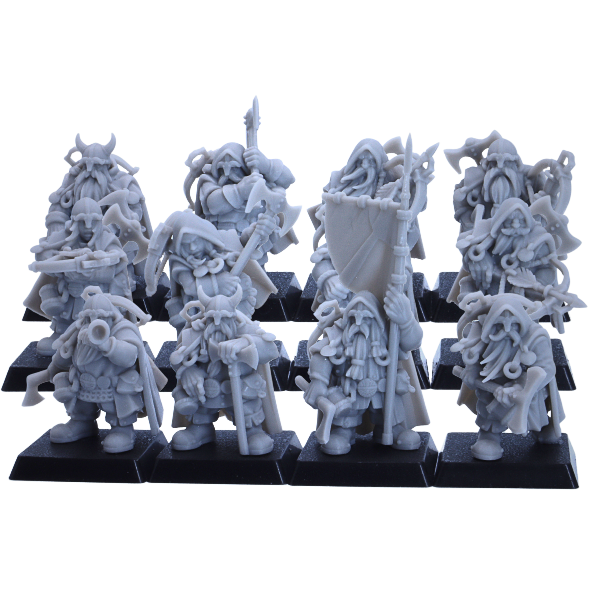 Front view of unpainted Dwarf Ranger resin miniatures by Highlands Miniatures with axes, crossbows, spears, shields, cloaks, and square bases.