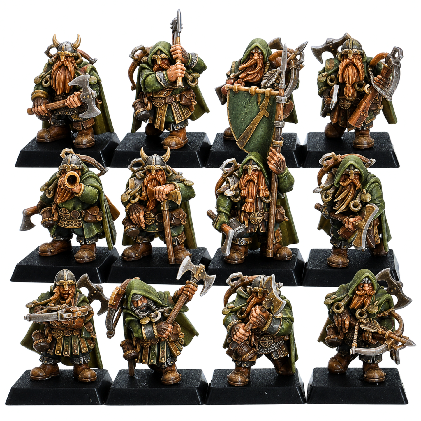 Painted example of a set of 12 Dwarf Ranger fantasy miniatures by Highlands Miniatures with axes, crossbows, shields, cloaks, and 25mm square bases.