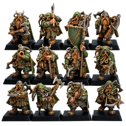 Painted example of a set of 12 Dwarf Ranger fantasy miniatures by Highlands Miniatures with axes, crossbows, shields, cloaks, and 25mm square bases.