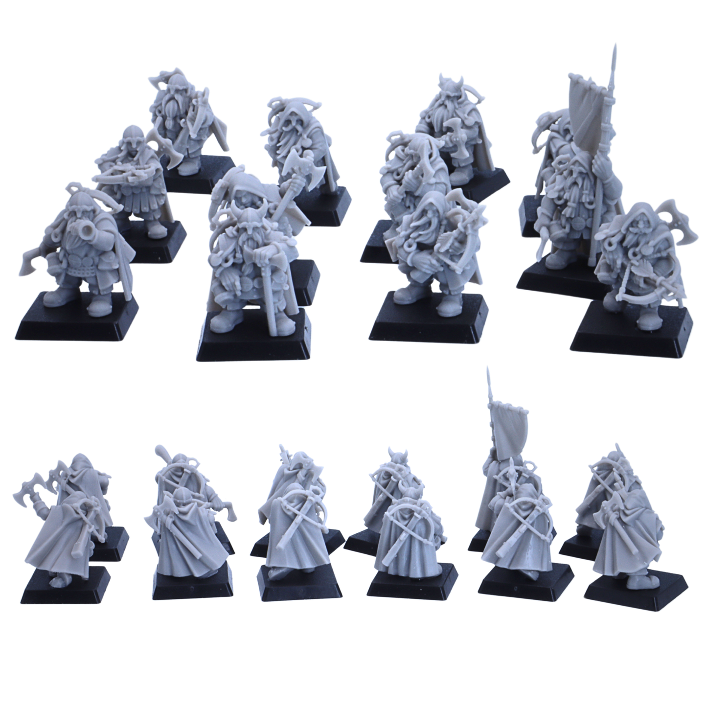 Ranked display of unpainted Dwarf Ranger miniatures by Highlands Miniatures arranged in two rows for fantasy tabletop wargaming.
