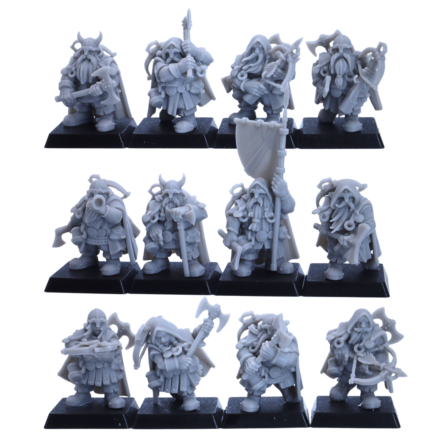 Ranked front view of 12 unpainted Dwarf Ranger miniatures arranged for fantasy wargaming on 25mm square bases.