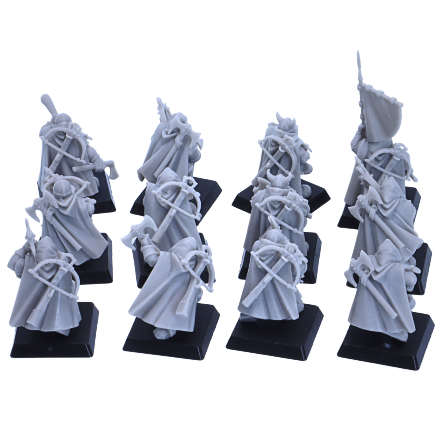 Rear angle view of unpainted Dwarf Ranger miniatures showing cloaks, backpacks, axes, crossbows, spears, and square bases.