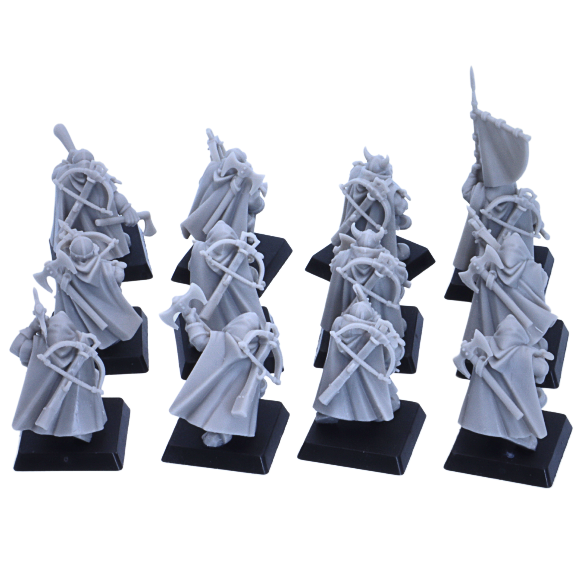 Rear angle view of unpainted Dwarf Ranger miniatures showing cloaks, backpacks, axes, crossbows, spears, and square bases.
