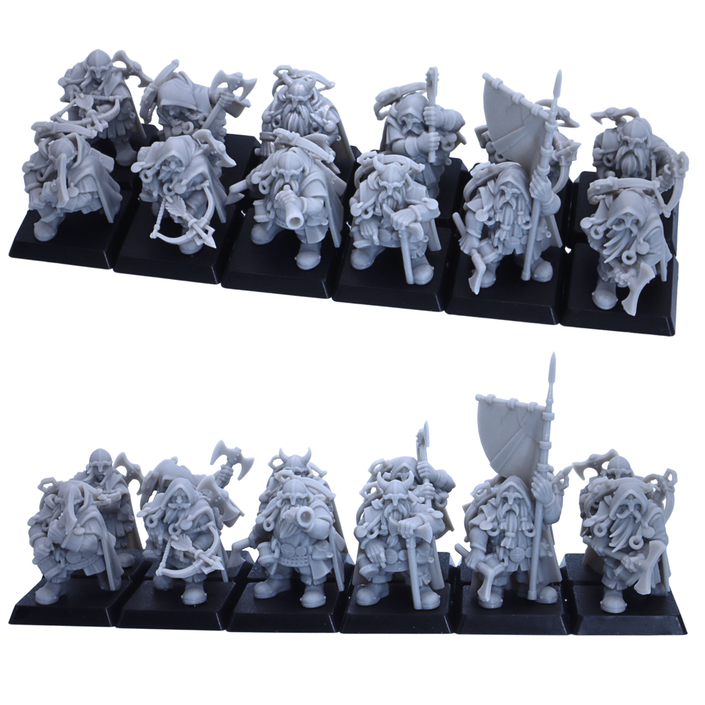 Rear view of unpainted Dwarf Ranger miniatures showing cloaks, packs, weapons, shields, and detailed fantasy equipment.