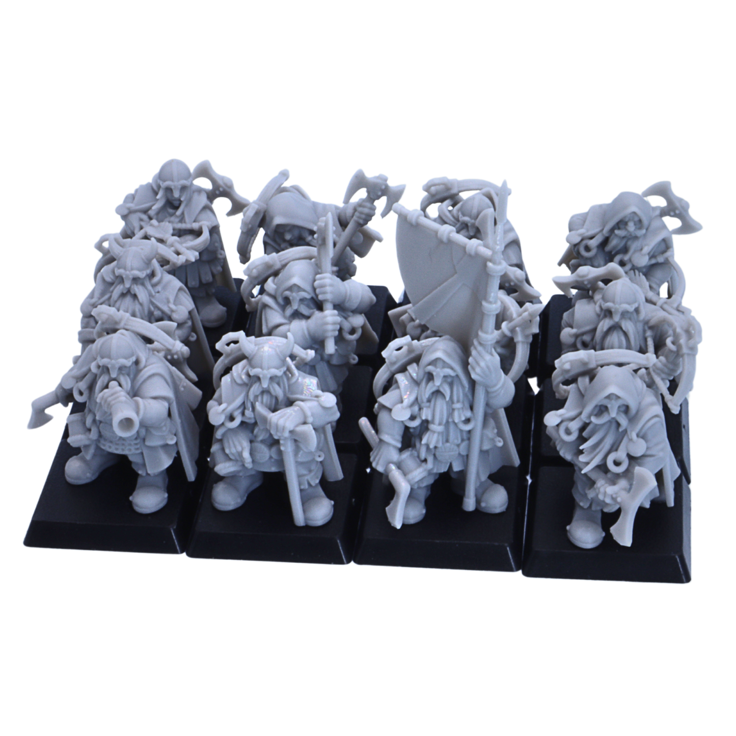 Side view of unpainted Dwarf Ranger miniatures showing axes, crossbows, shields, cloaks, packs, and 25mm square bases.