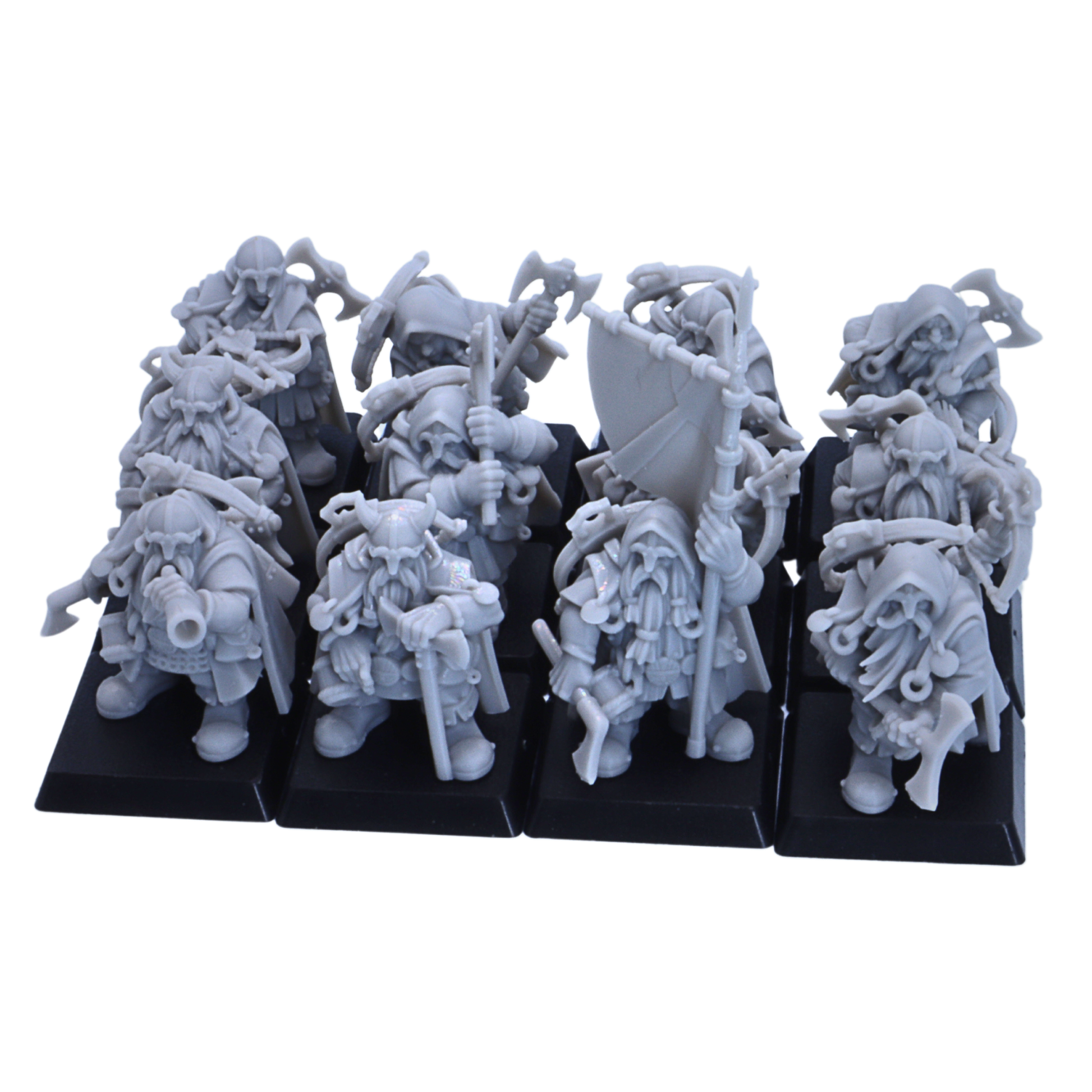 Side view of unpainted Dwarf Ranger miniatures showing axes, crossbows, shields, cloaks, packs, and 25mm square bases.