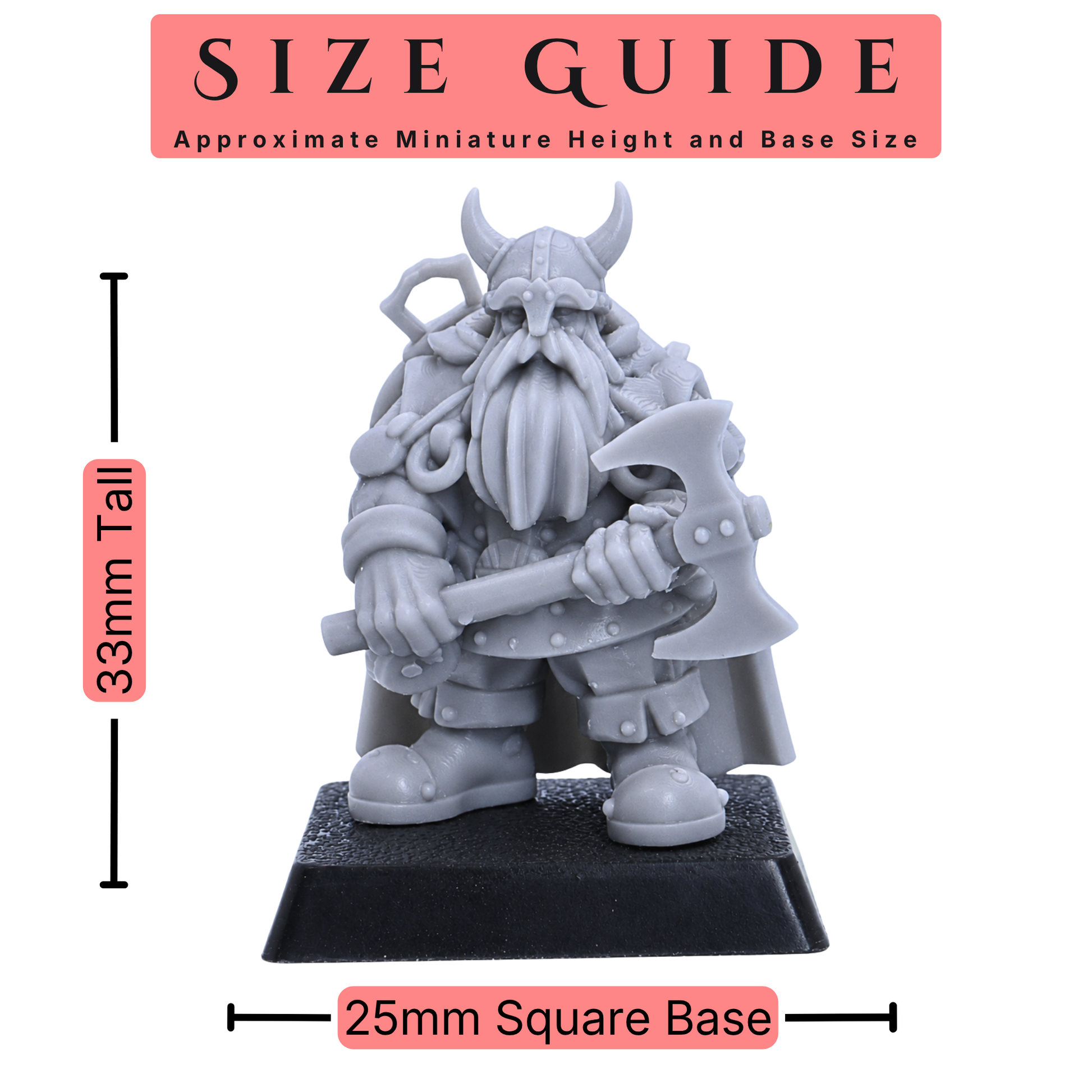 Size guide for a 32mm scale Dwarf Ranger miniature showing 33mm height and 25mm square base.