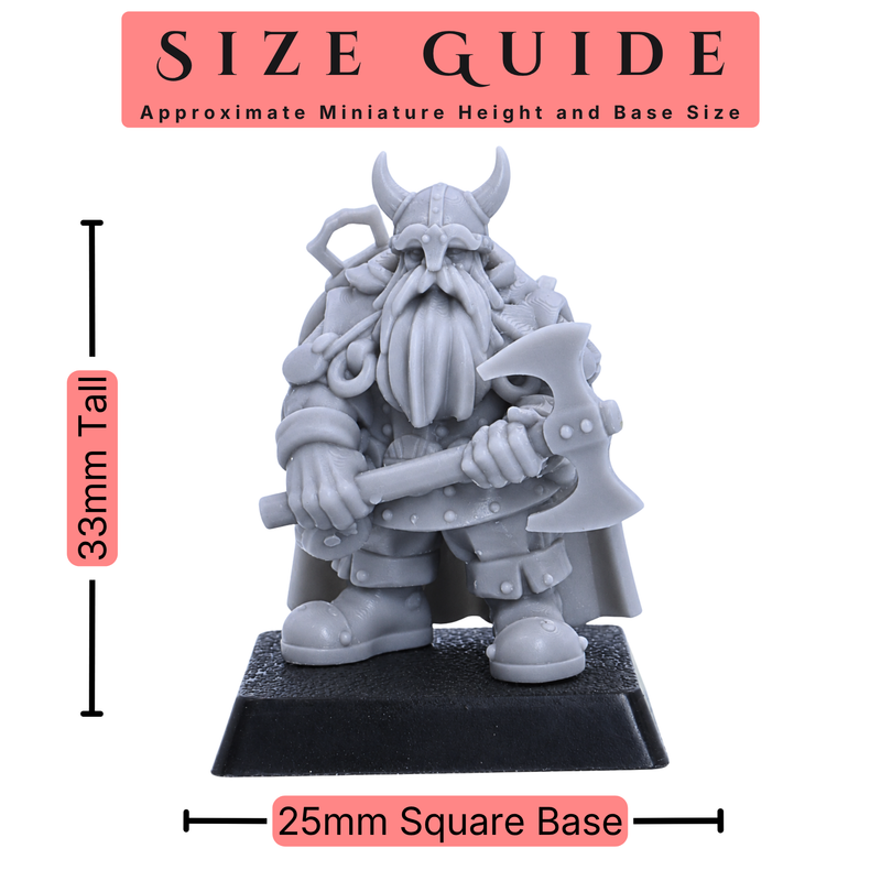 Size guide for a 32mm scale Dwarf Ranger miniature showing 33mm height and 25mm square base.