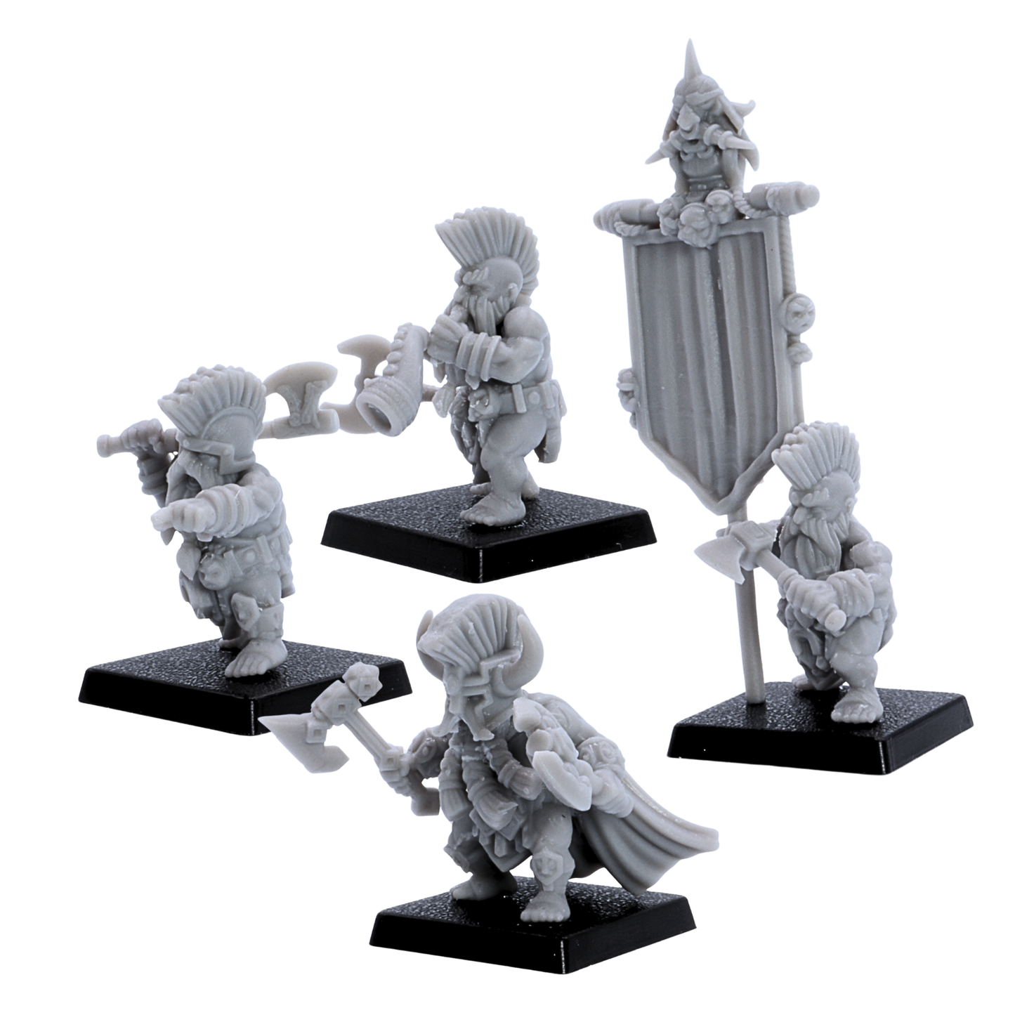 Unpainted Dwarf Slayer command group miniatures showing banner bearer, musician, leader model, axes, cloak, and square bases.