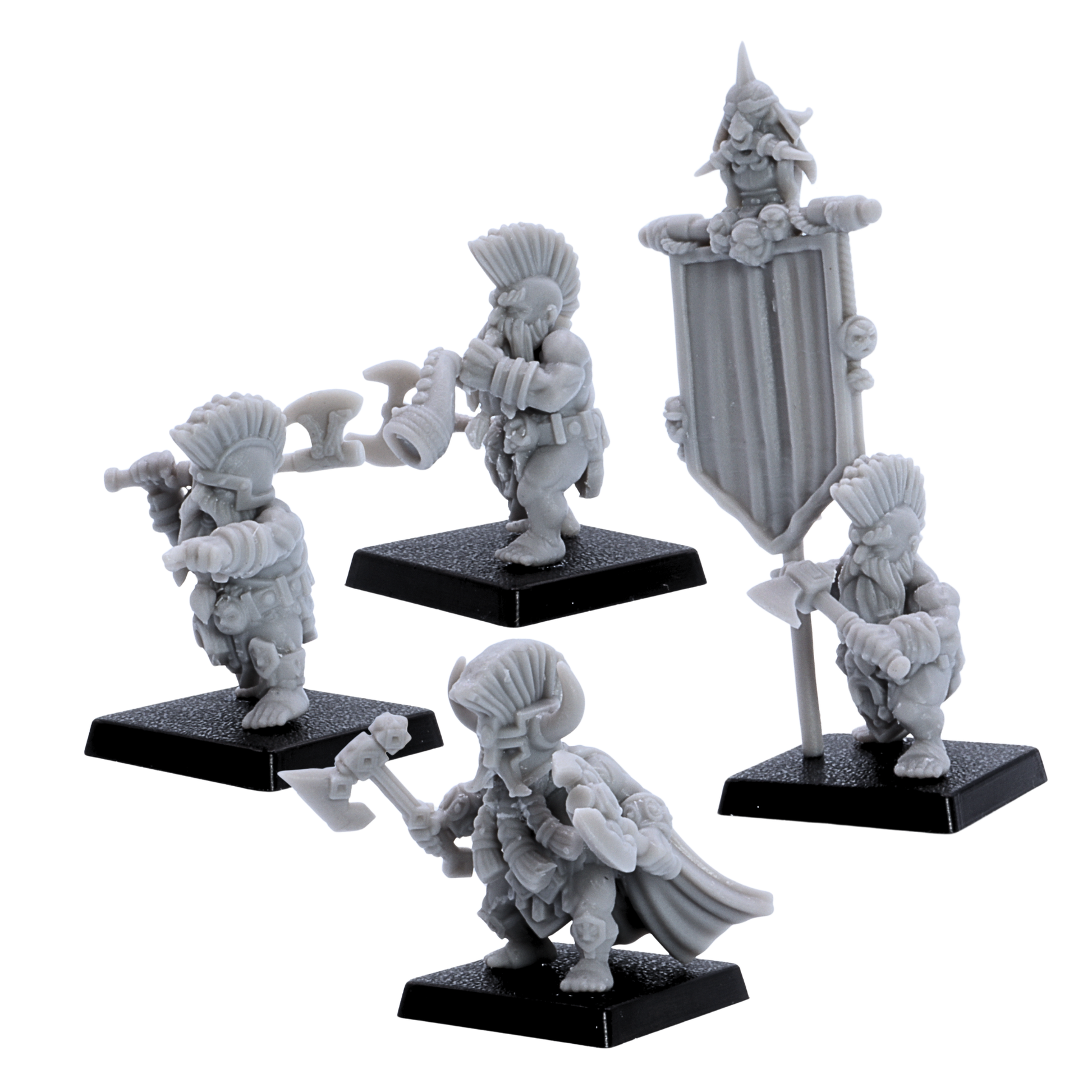 Unpainted Dwarf Slayer command group miniatures showing banner bearer, musician, leader model, axes, cloak, and square bases.