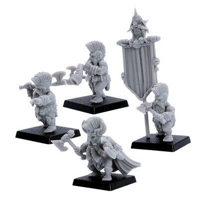Unpainted Dwarf Slayer command group miniatures showing banner bearer, musician, leader model, axes, cloak, and square bases.