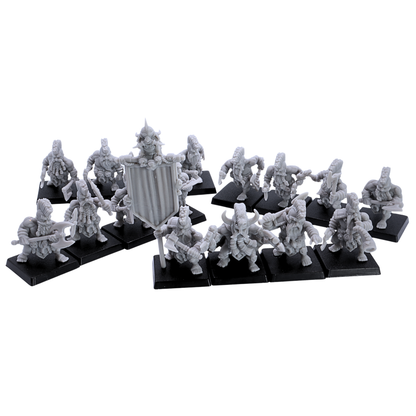 Group display of unpainted Dwarf Slayers by Kyoushuneko Miniatures showing the full fantasy dwarf unit on 25mm square bases.