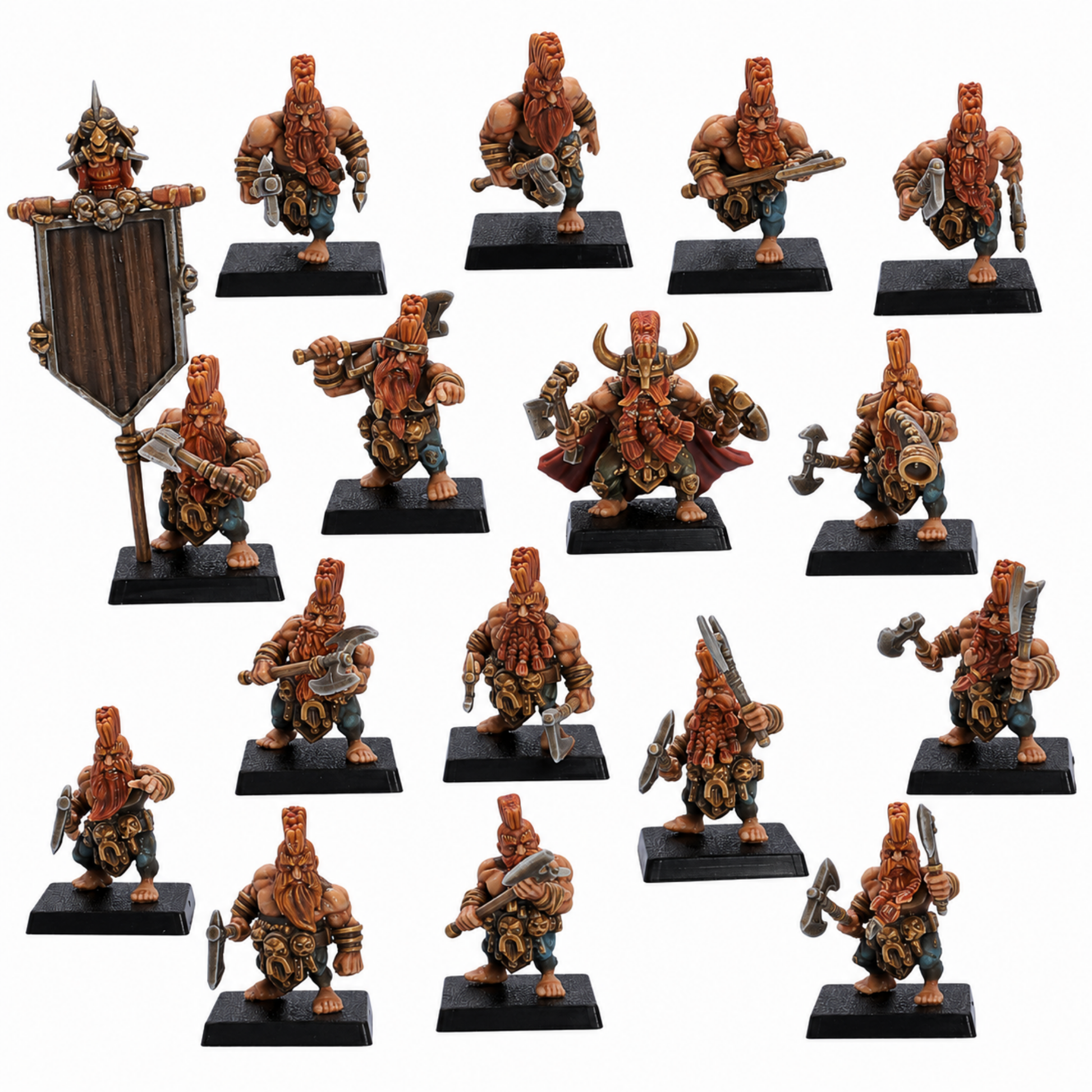 Painted example of a 16 model Dwarf Slayers fantasy miniature set by Kyoushuneko Miniatures on 25mm square bases.