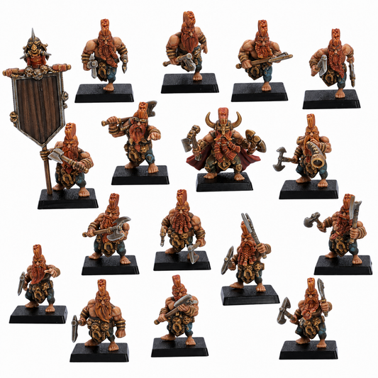 Painted example of a 16 model Dwarf Slayers fantasy miniature set by Kyoushuneko Miniatures on 25mm square bases.