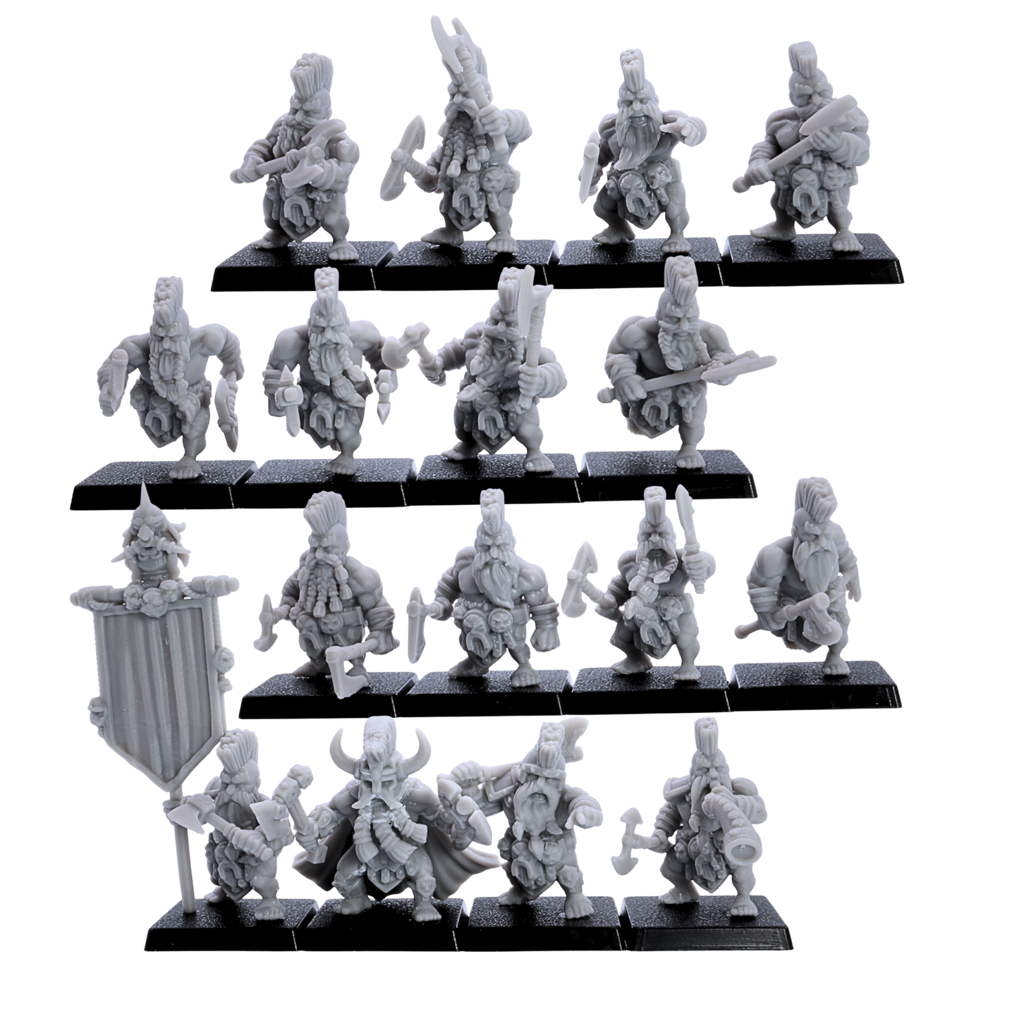 Ranked unit view of unpainted Dwarf Slayer miniatures showing 16 models arranged on 25mm square bases.