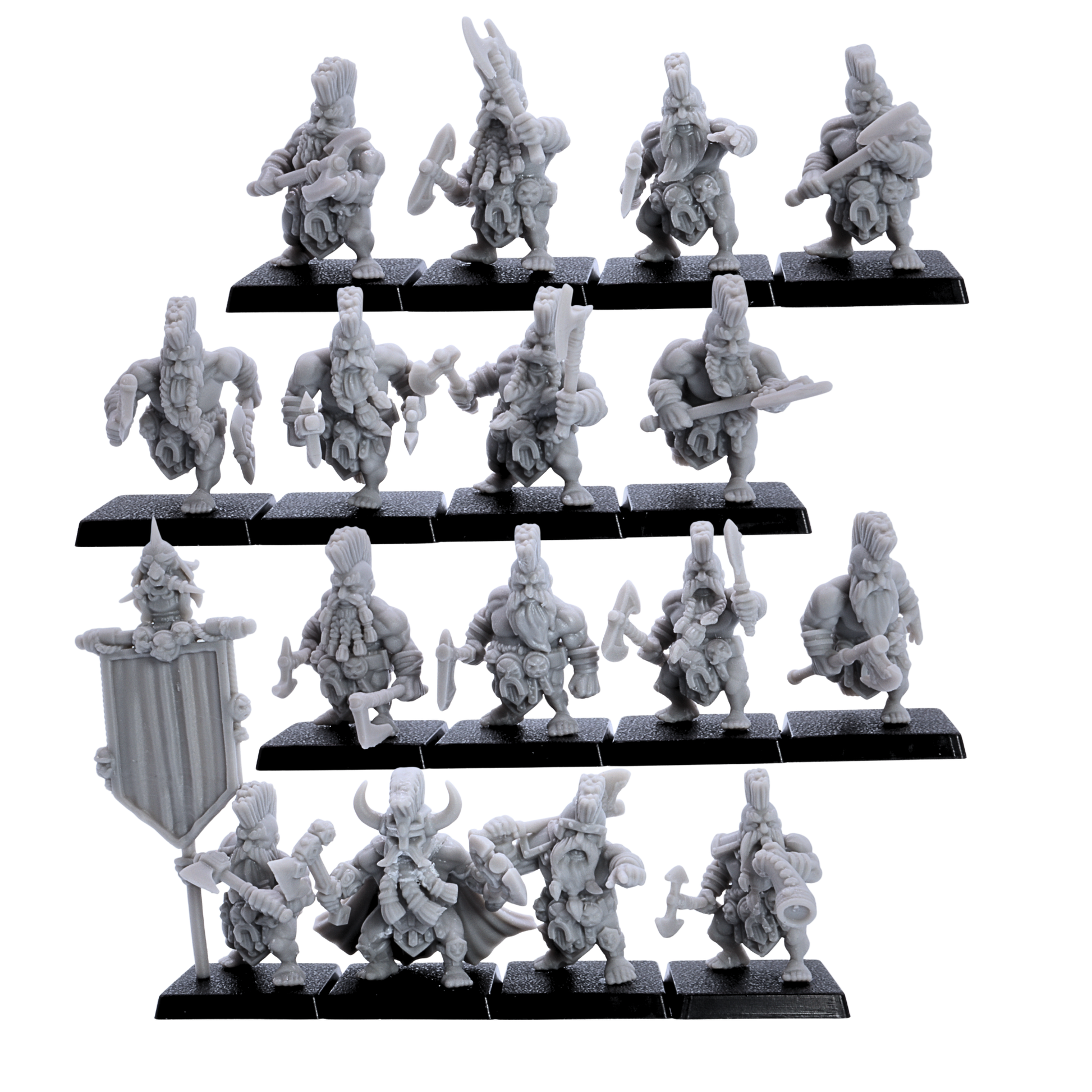 Ranked unit view of unpainted Dwarf Slayer miniatures showing 16 models arranged on 25mm square bases.