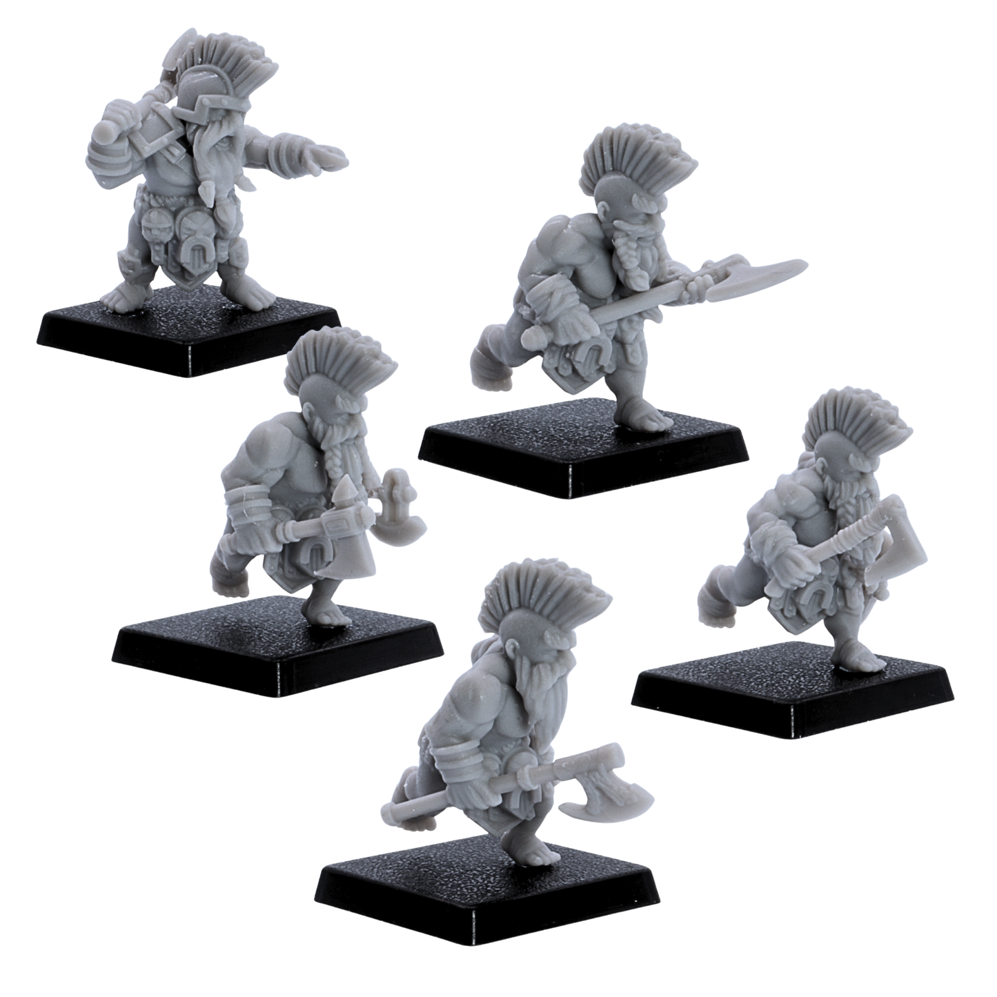 Multiple views of unpainted Dwarf Slayer miniatures showing crested hair, braided beards, axes, weapons, and square bases.