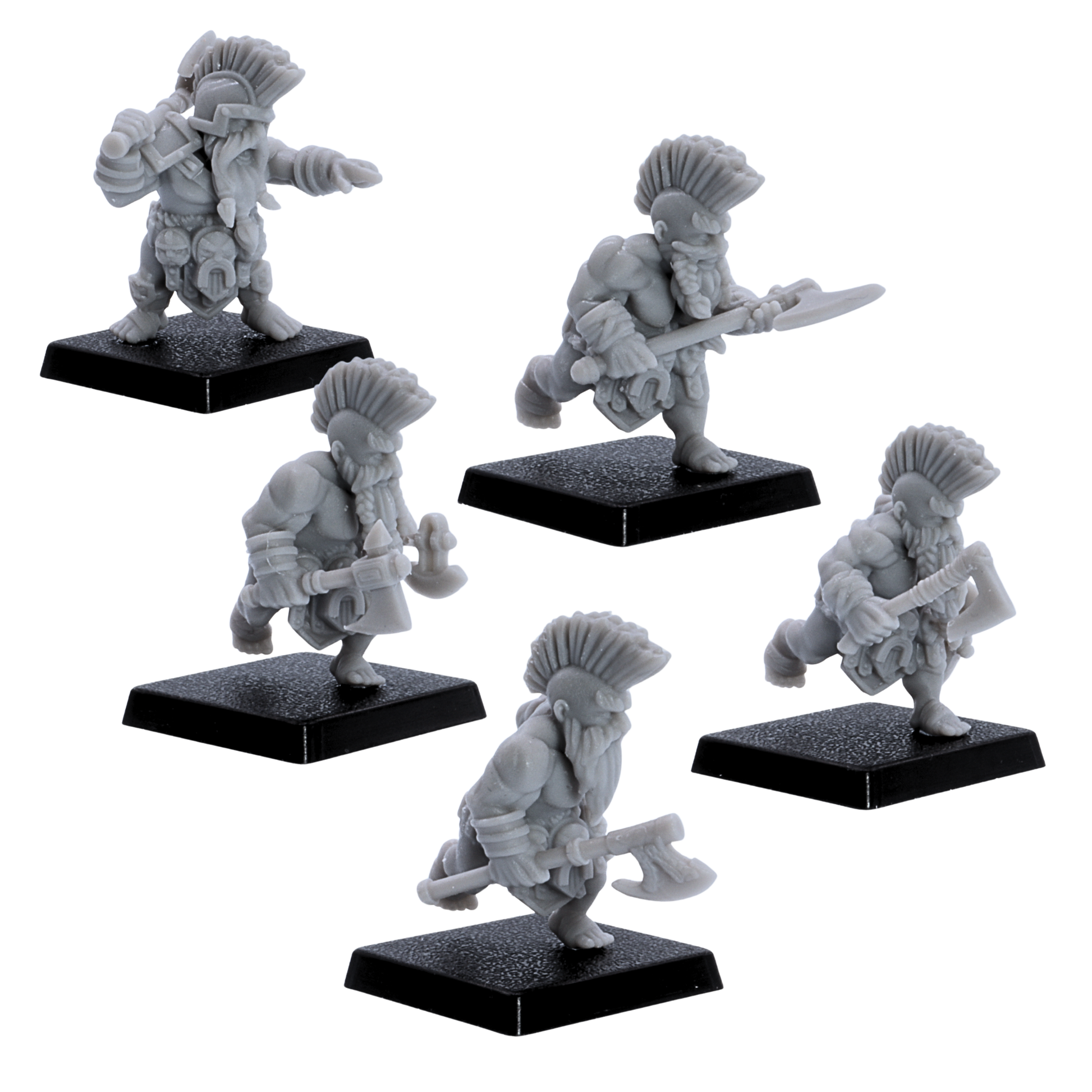 Multiple views of unpainted Dwarf Slayer miniatures showing crested hair, braided beards, axes, weapons, and square bases.