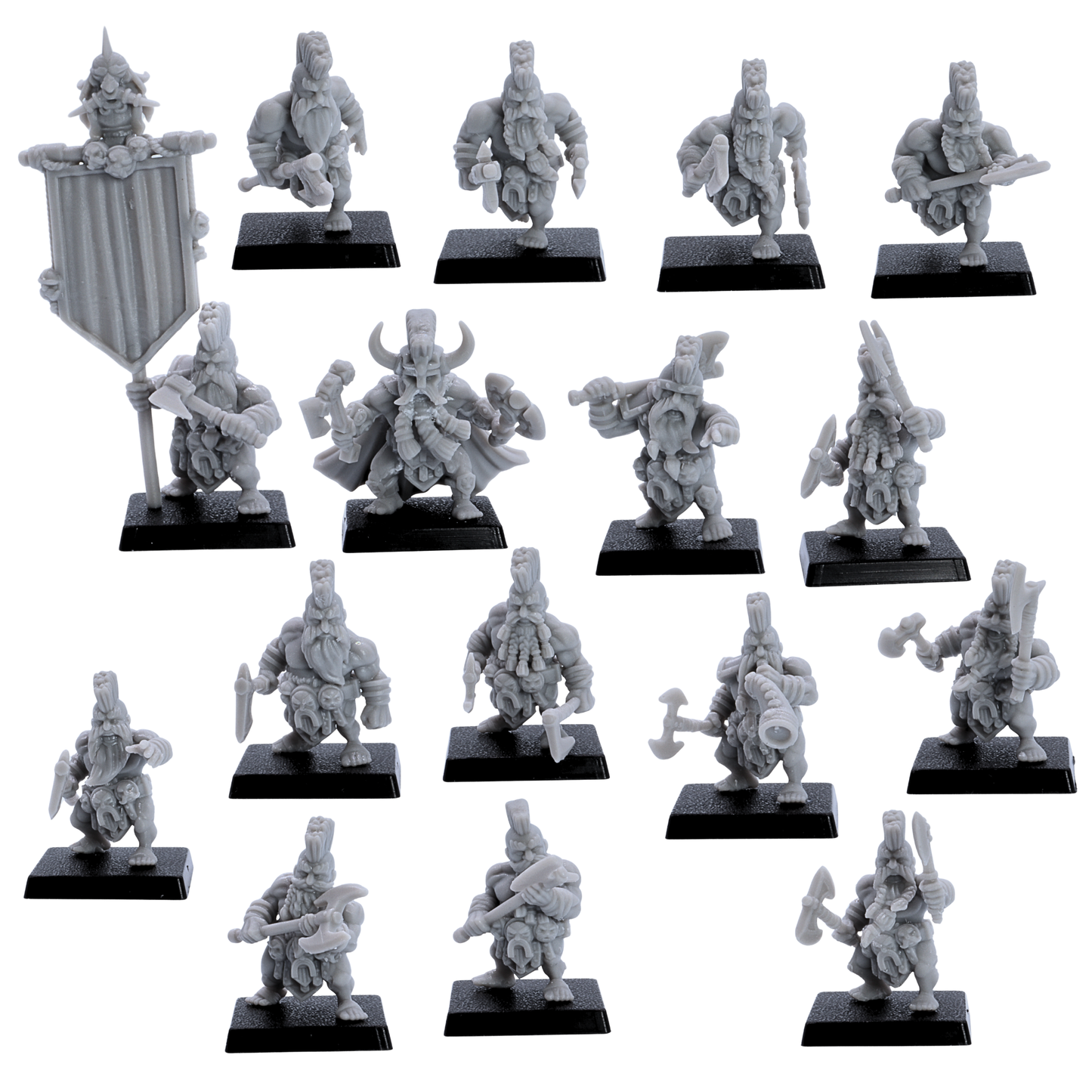 Unpainted full set of 16 Dwarf Slayer resin miniatures by Kyoushuneko Miniatures with axes, banner bearer, musician, and 25mm square bases.