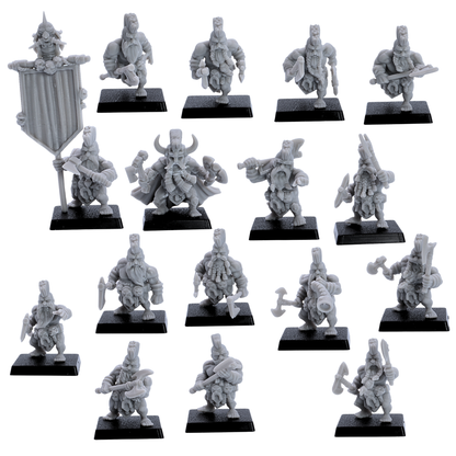Unpainted full set of 16 Dwarf Slayer resin miniatures by Kyoushuneko Miniatures with axes, banner bearer, musician, and 25mm square bases.