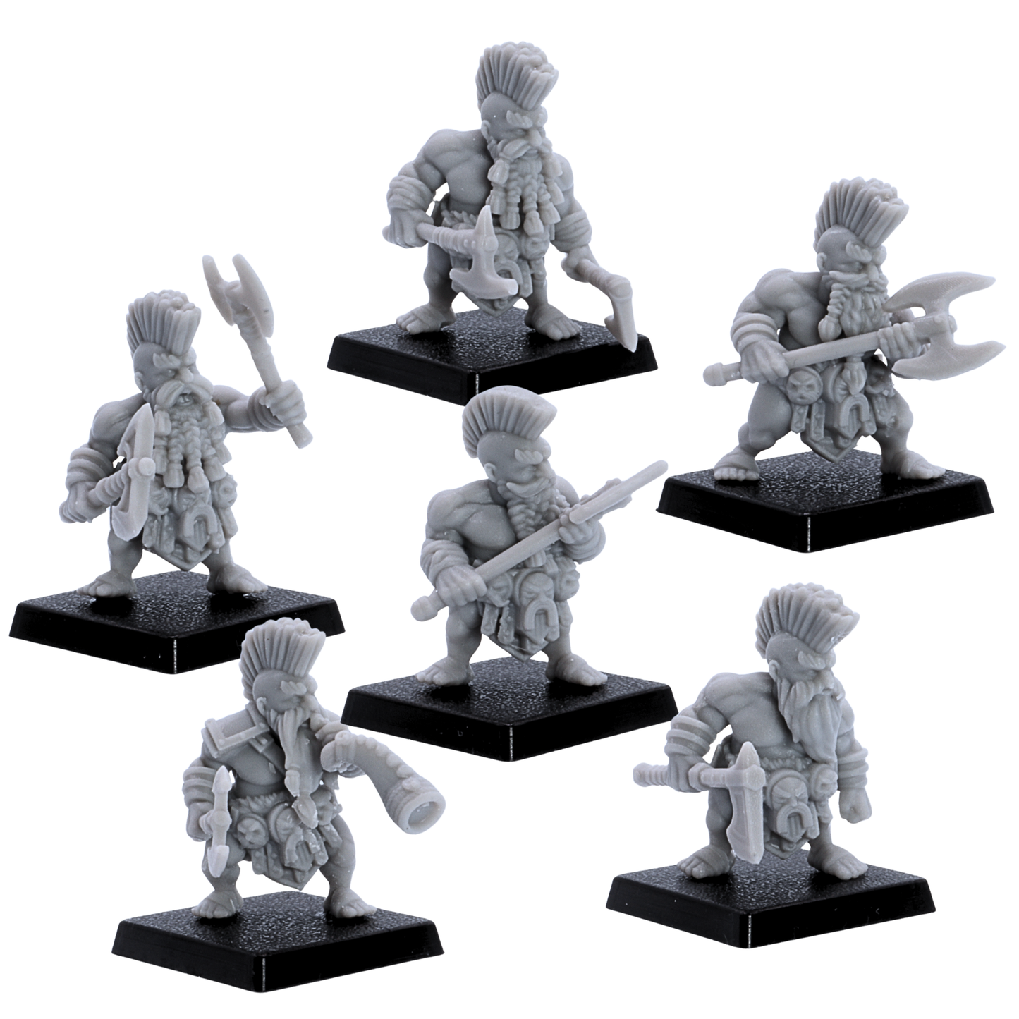 Unpainted Dwarf Slayer warrior variants by Kyoushuneko Miniatures showing different axe poses, beards, armour details, and 25mm square bases.