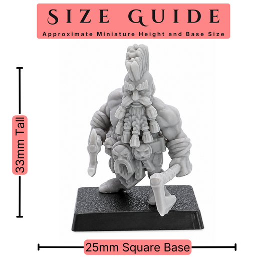 Size guide for a 32mm scale Dwarf Slayer miniature showing 33mm height and 25mm square base.