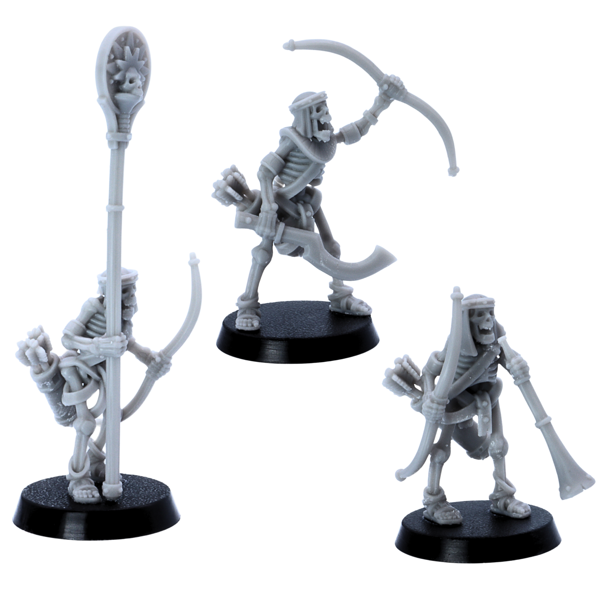 Unpainted Egyptian Skeleton Bowmen command group by Highlands Miniatures showing a standard bearer, bowmen, quivers, and 25mm round bases.